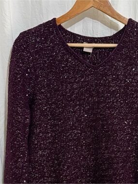Chico’s Sequin Sparkle Metallic V-Neck Sweater Plum Burgundy 2 L Holiday Party